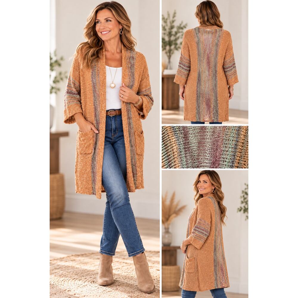 Easel Women's Orange Multicolor Open Front Cardigan Duster with Bell Sleeves M/L